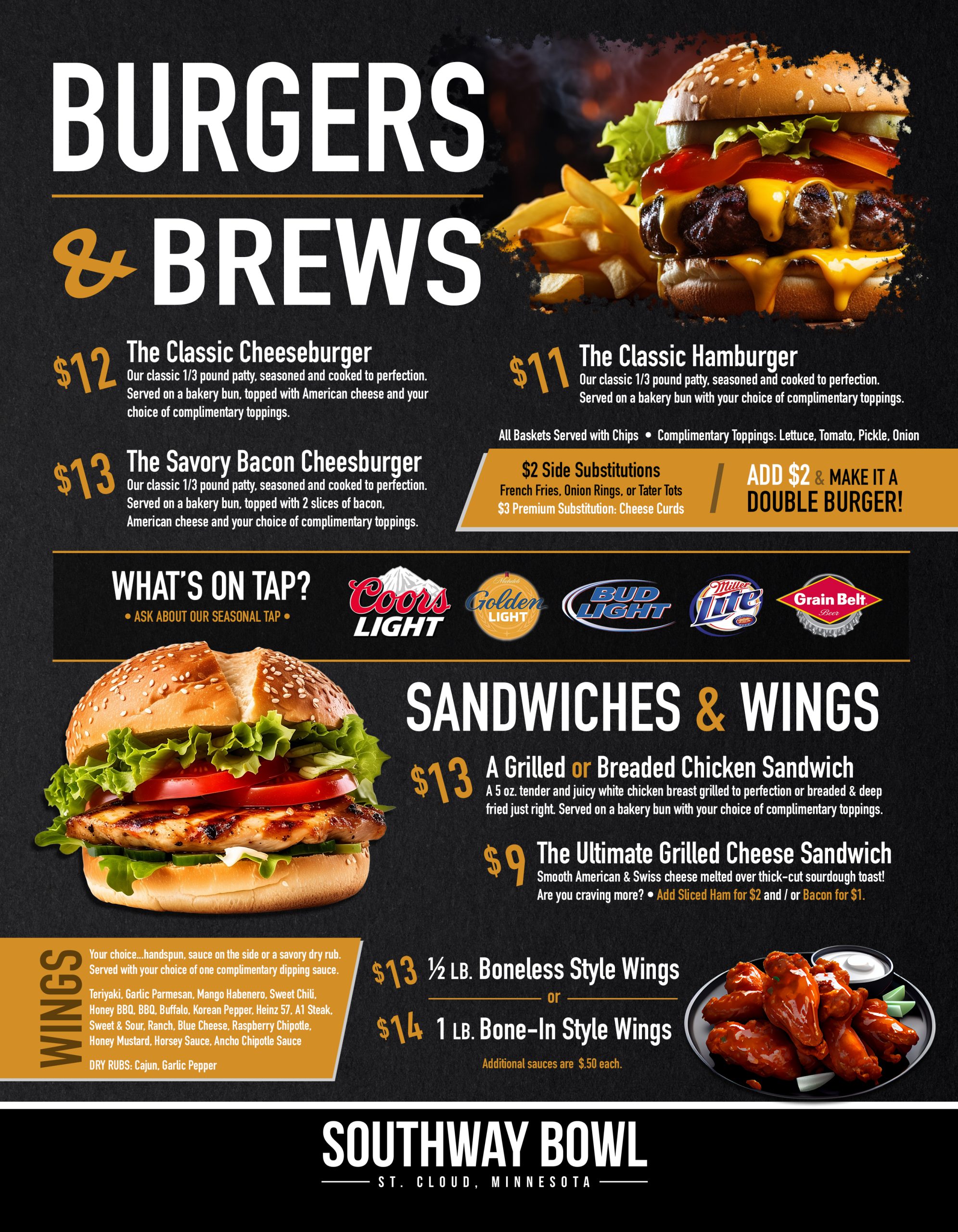 Southway Bowl Menu | Burgers & Brews, Sandwiches & Wings